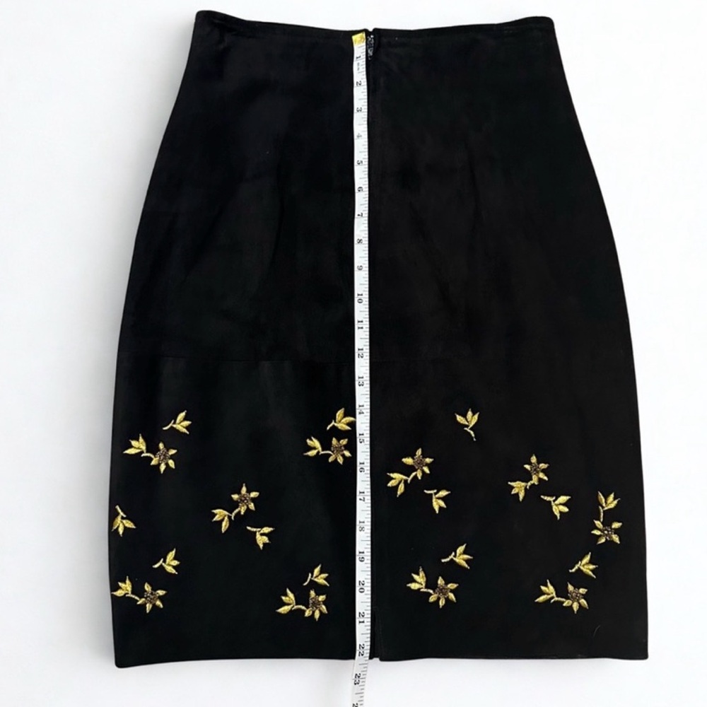Vtg Black Suede Embroidered Skirt Suit Set Gold Floral Beaded 10 Gothic Romantic - Picture 10 of 13
